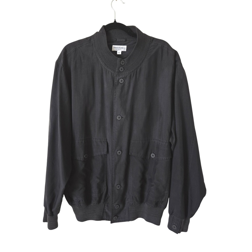 Bullock & Jones Mens XL Bomber Jacket Black 100% Silk Made in Italy Band Collar